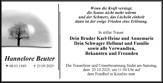 Traueranzeige von Hannelore Beuter von Trauerkombi Wittenberg