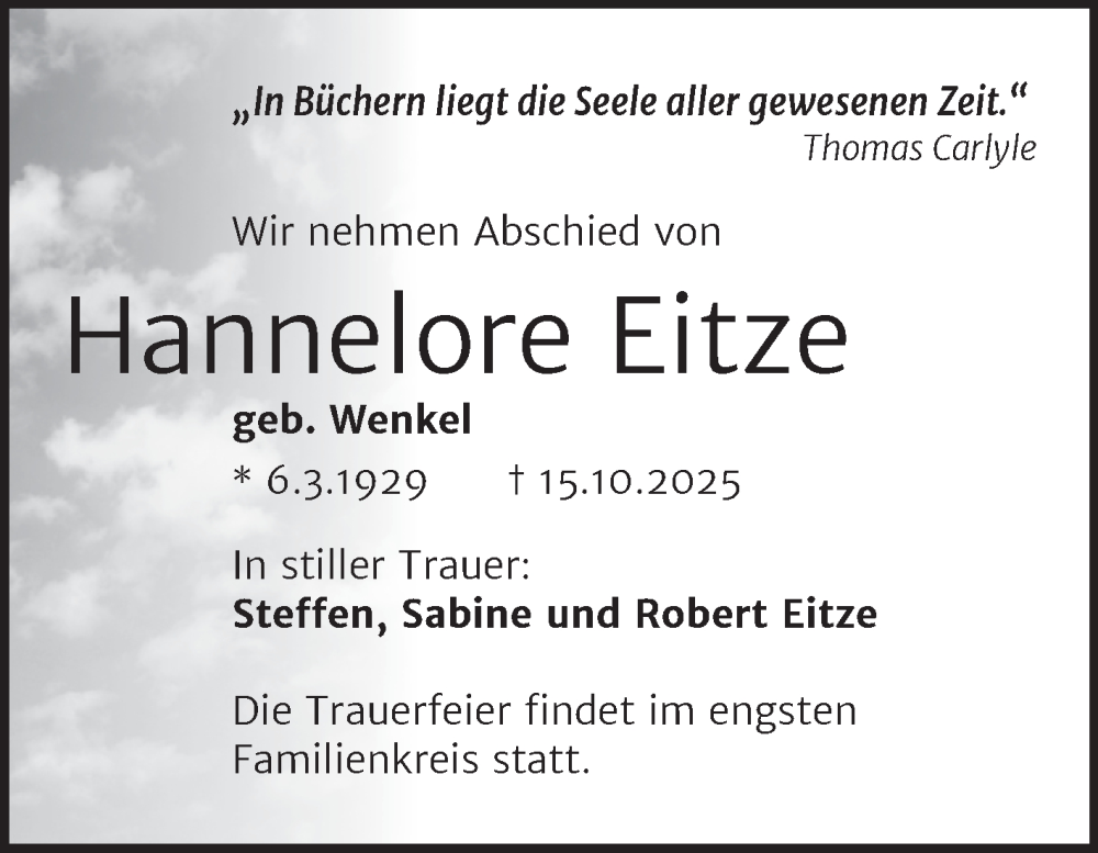  Traueranzeige für Hannelore Eitze vom 25.10.2025 aus Mitteldeutsche Zeitung Halle/Saalkreis