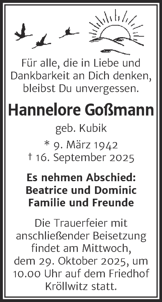 Traueranzeige von Hannelore Goßmann von Mitteldeutsche Zeitung Halle/Saalkreis