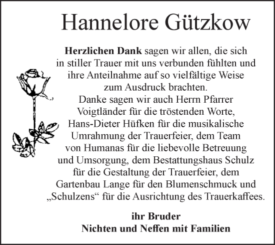 Traueranzeige von Hannelore Gützkow von Volksstimme Altmark Ost