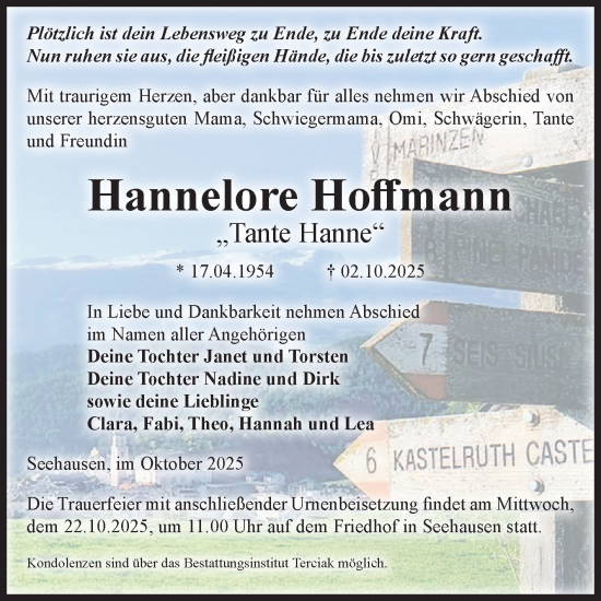 Traueranzeige von Hannelore Hoffmann von Volksstimme Oschersleben/Wanzleben