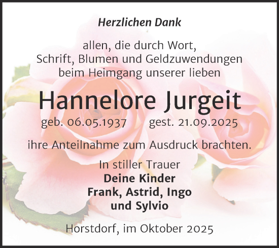 Traueranzeige von Hannelore Jurgeit von Trauerkombi Wittenberg