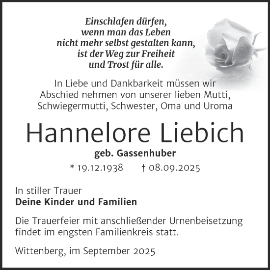 Traueranzeige von Hannelore Liebich von Trauerkombi Wittenberg