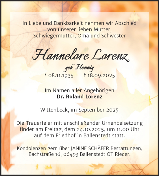 Traueranzeige von Hannelore Lorenz von Trauerkombi Quedlinburg