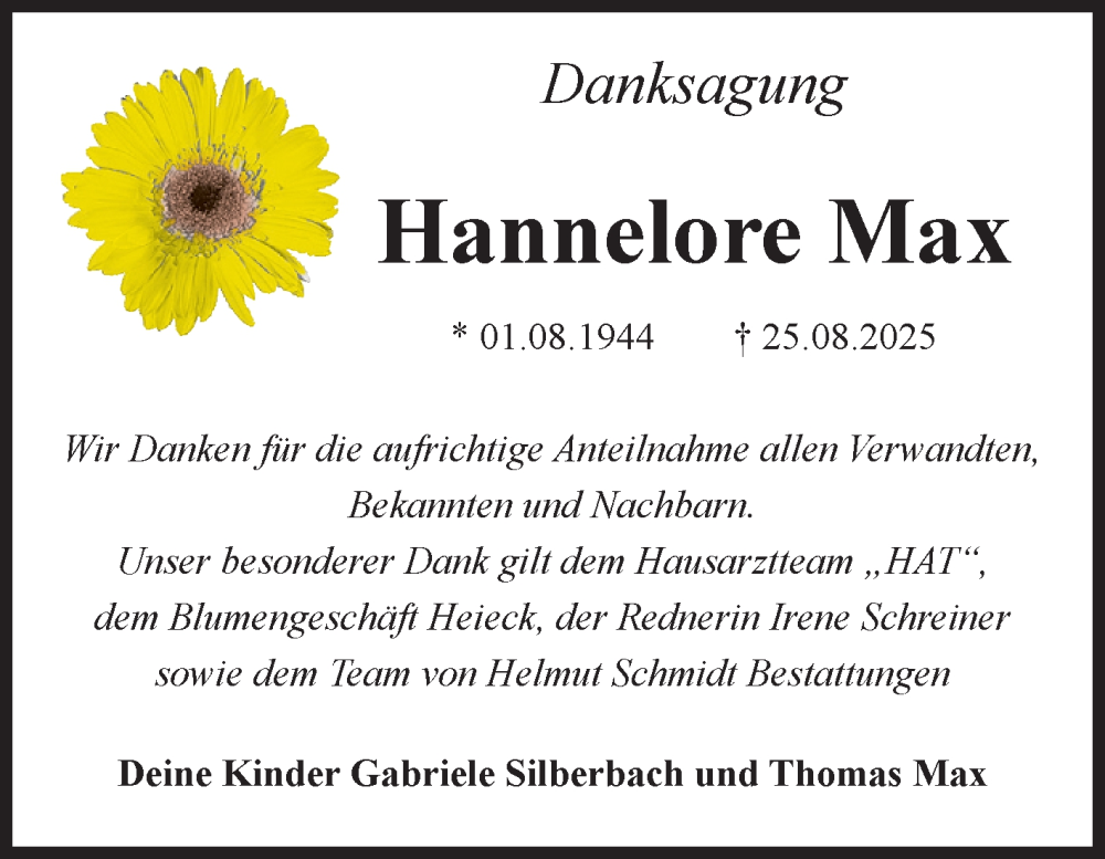  Traueranzeige für Hannelore Max vom 18.10.2025 aus Volksstimme Schönebeck