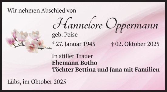 Traueranzeige von Hannelore Oppermann von Volksstimme Zerbst