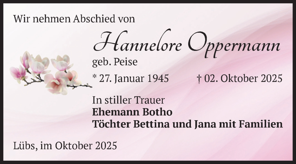  Traueranzeige für Hannelore Oppermann vom 11.10.2025 aus Volksstimme Zerbst