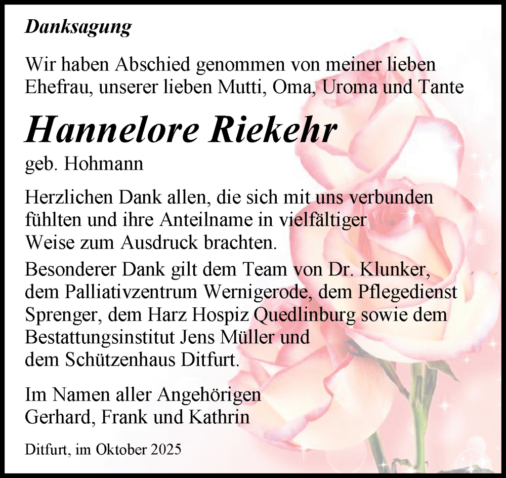  Traueranzeige für Hannelore Riekehr vom 18.10.2025 aus Trauerkombi Quedlinburg