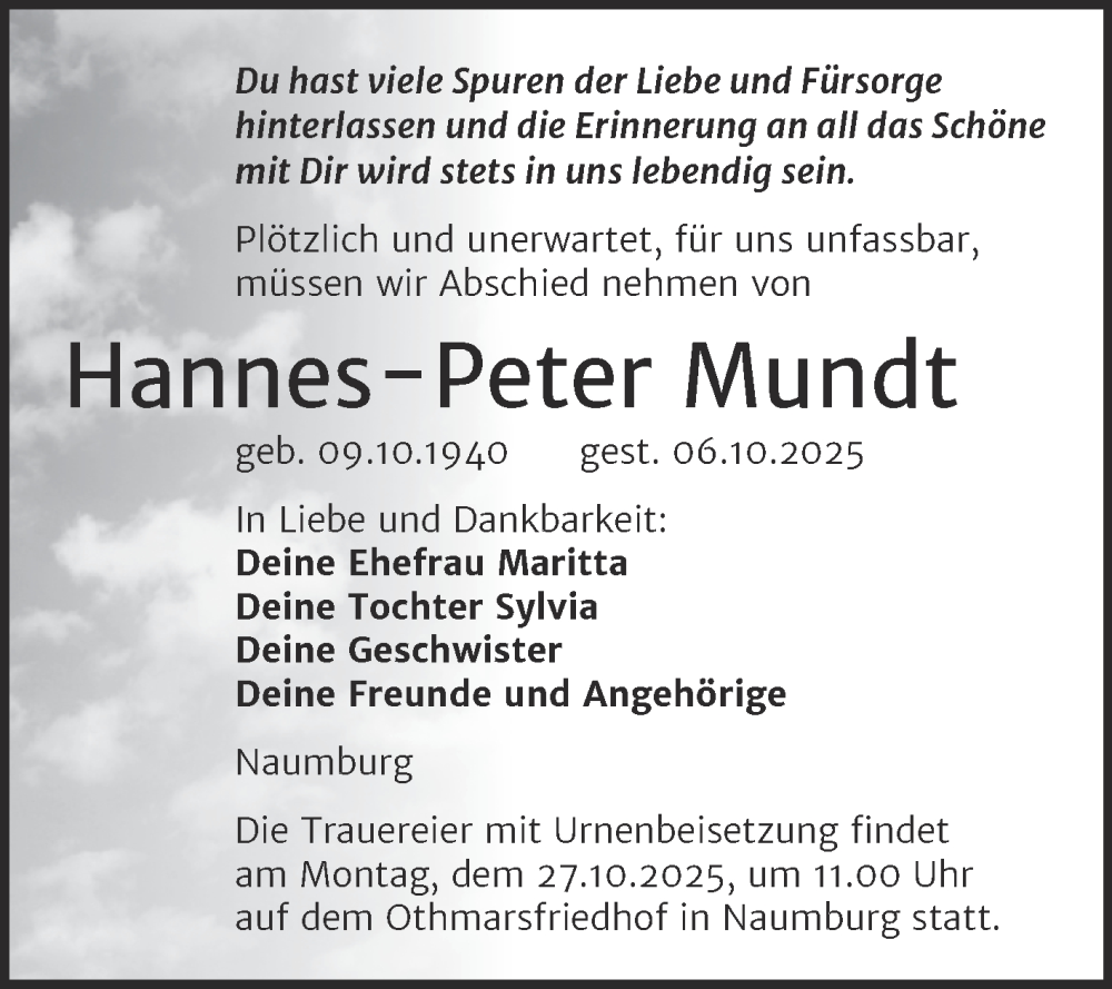  Traueranzeige für Hannes-Peter Mundt vom 11.10.2025 aus Naumburger Tageblatt