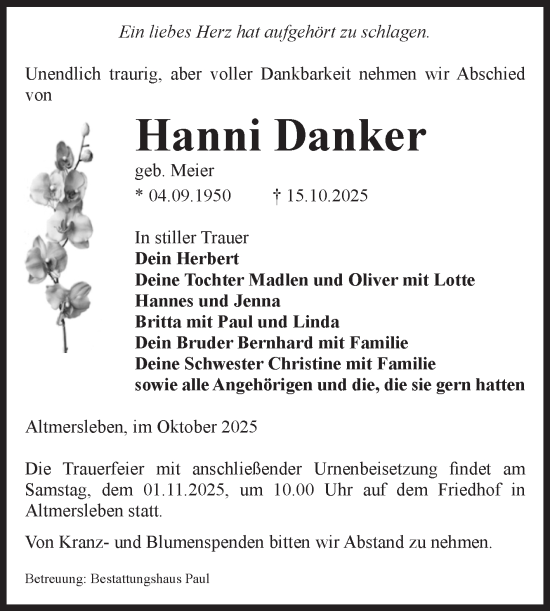 Traueranzeige von Hanni Danker von Volksstimme Altmark West