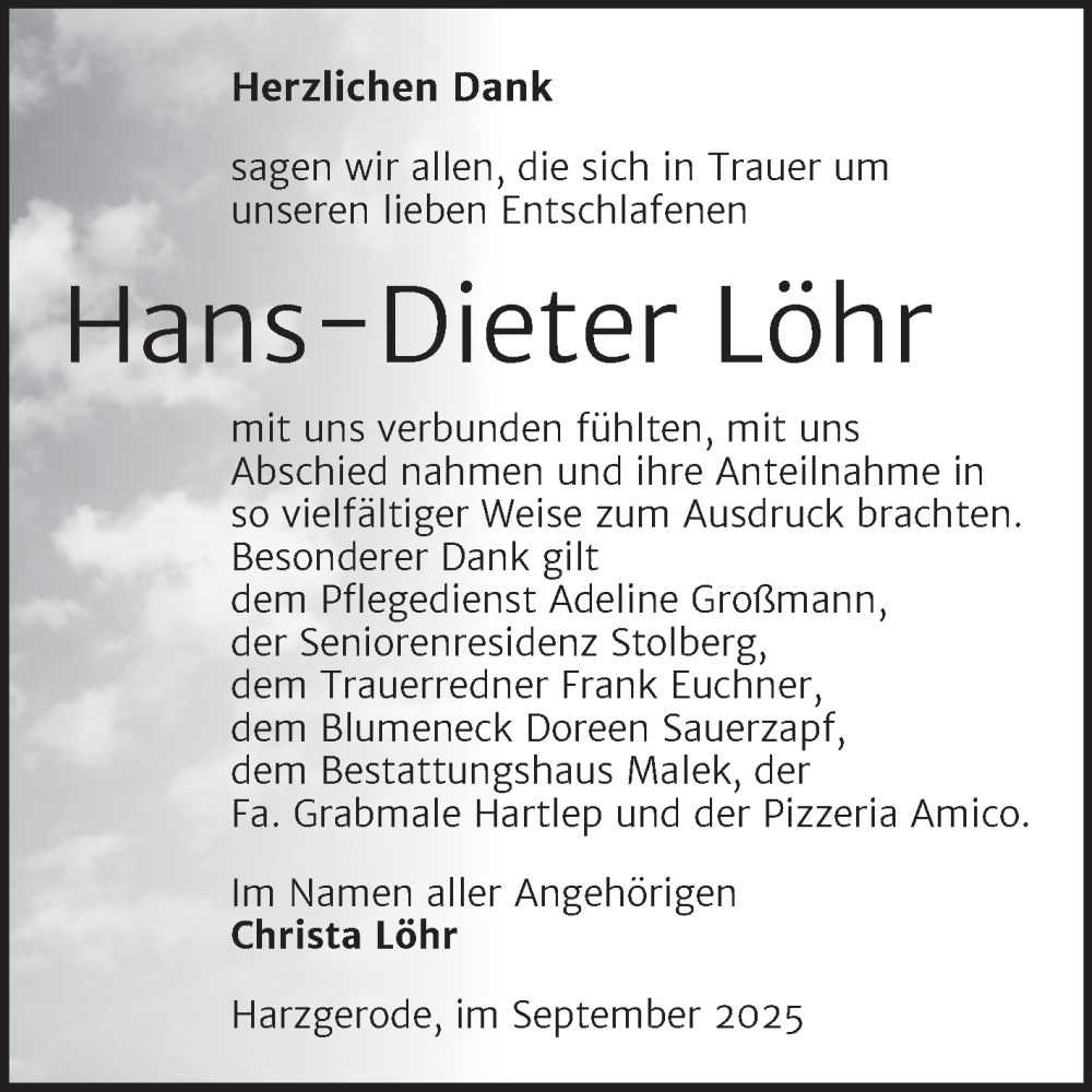  Traueranzeige für Hans-Dieter Löhr vom 18.10.2025 aus Trauerkombi Sangerhausen
