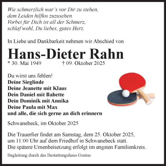 Traueranzeige von Hans-Dieter Rahn von Volksstimme Oschersleben/Wanzleben