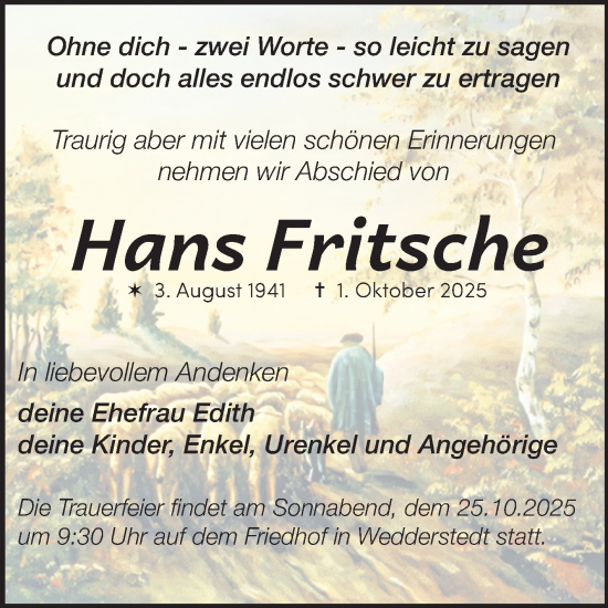 Traueranzeige von Hans Fritsche von Trauerkombi Quedlinburg