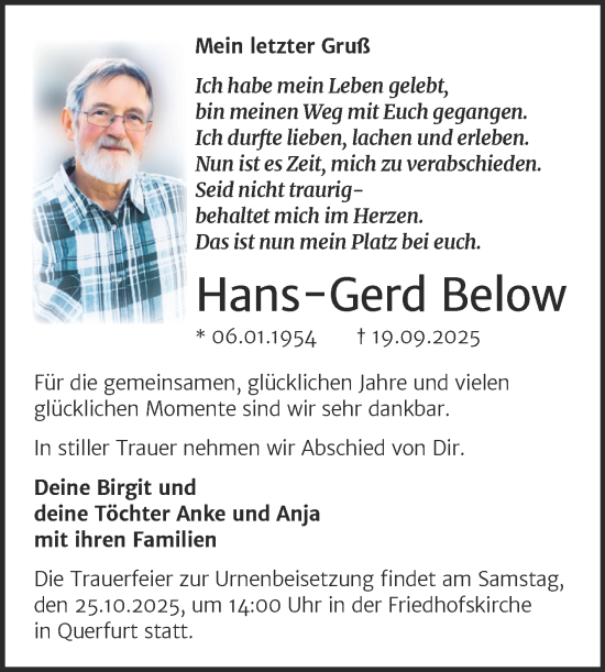 Traueranzeige von Hans-Gerd Below von Trauerkombi Merseburg