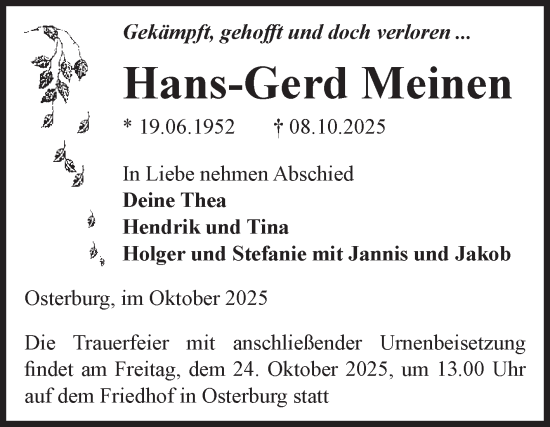Traueranzeige von Hans-Gerd Meinen von Volksstimme Altmark Ost
