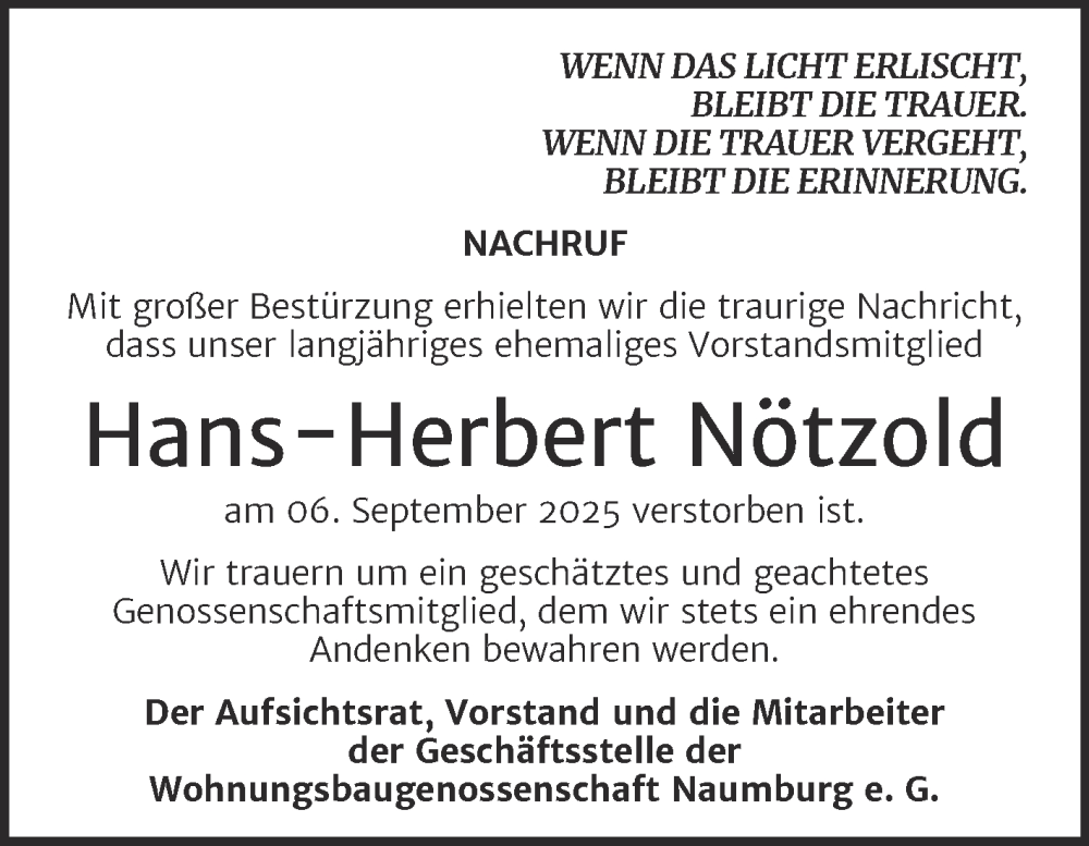  Traueranzeige für Hans-Herbert Nötzold vom 04.10.2025 aus Super Sonntag Naumburg/Nebra