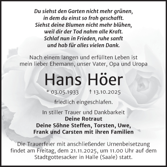 Traueranzeige von Hans Höer von Mitteldeutsche Zeitung Halle/Saalkreis