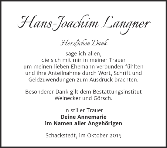 Traueranzeige von Hans-Joachim Langner von Trauerkombi Aschersleben