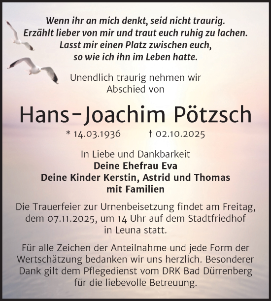 Traueranzeige von Hans-Joachim Pötzsch von Trauerkombi Merseburg