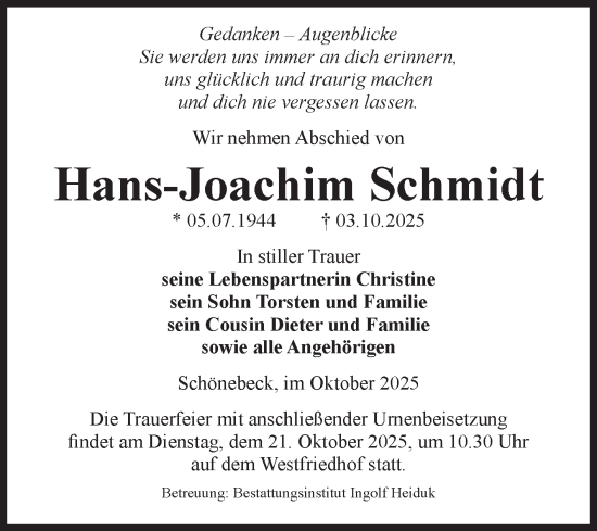 Traueranzeige von Hans-Joachim Schmidt von Volksstimme Schönebeck