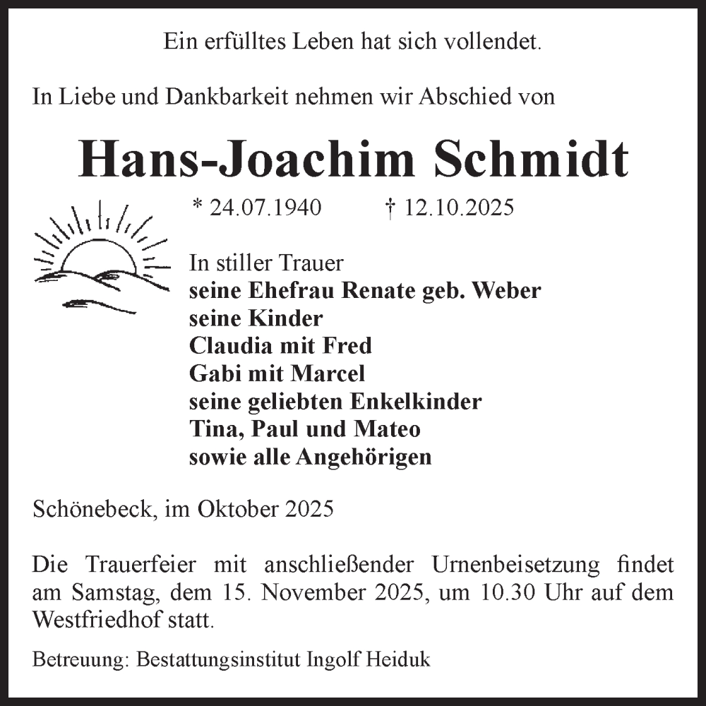  Traueranzeige für Hans-Joachim Schmidt vom 25.10.2025 aus Volksstimme Schönebeck