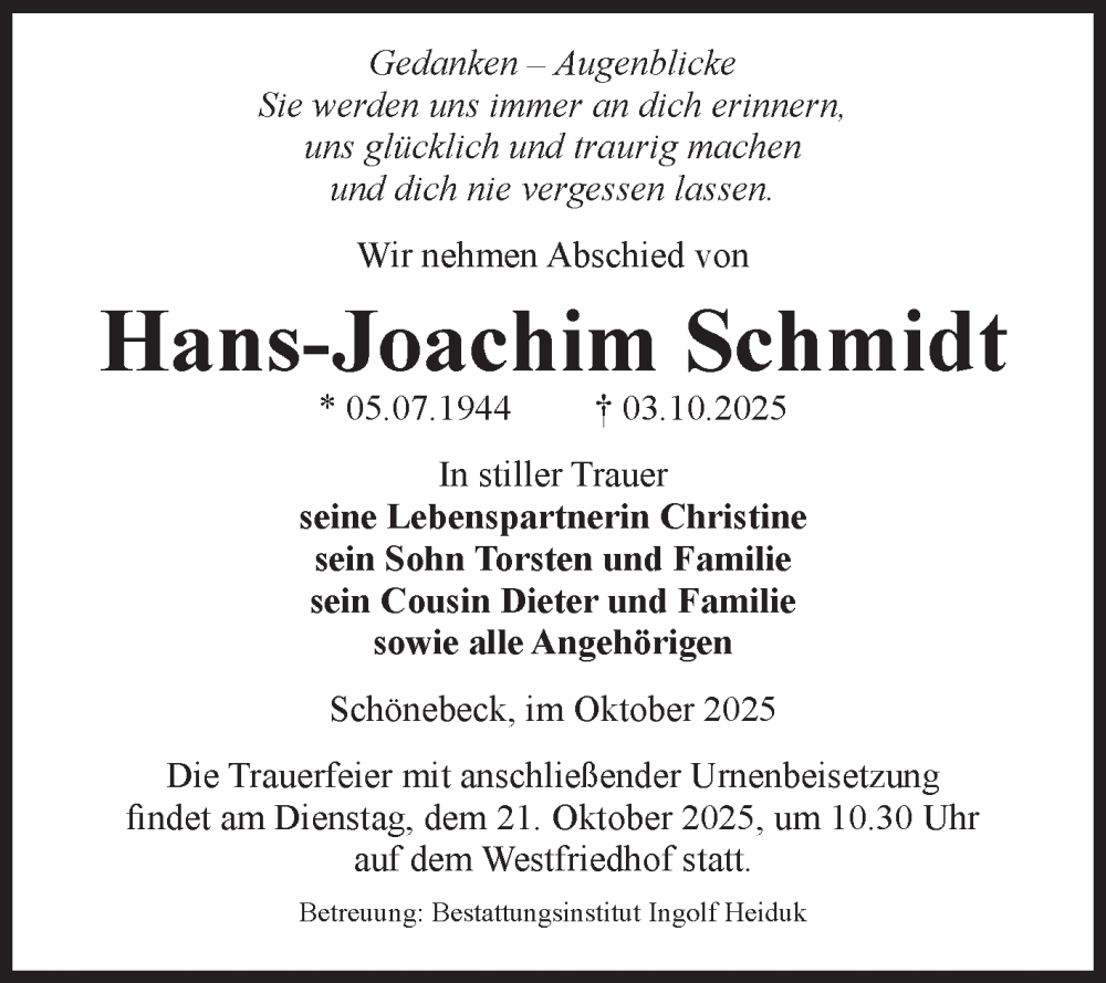 Traueranzeige für Hans-Joachim Schmidt vom 11.10.2025 aus Volksstimme Schönebeck