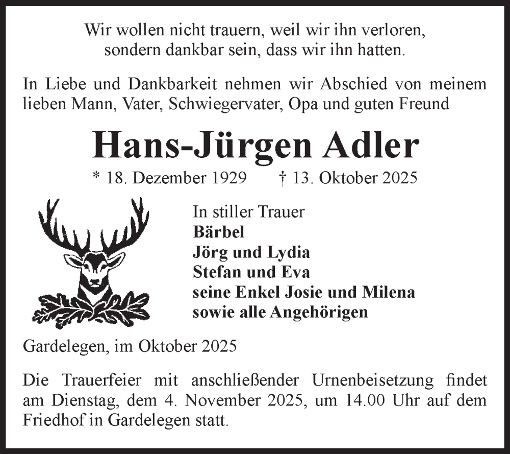  Traueranzeige für Hans-Jürgen Adler vom 25.10.2025 aus Volksstimme Altmark West