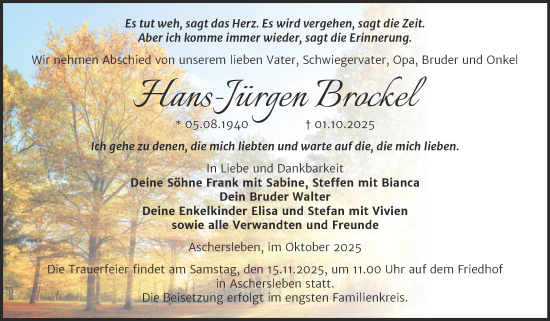 Traueranzeige von Hans-Jürgen Brockel von Trauerkombi Aschersleben