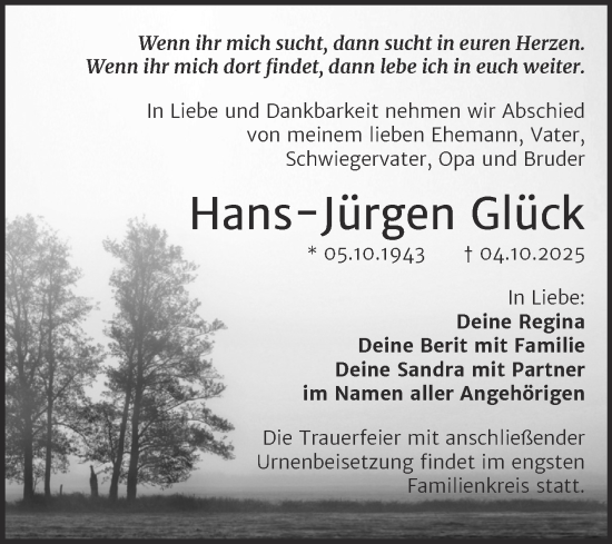 Traueranzeige von Hans-Jürgen Glück von Trauerkombi Dessau