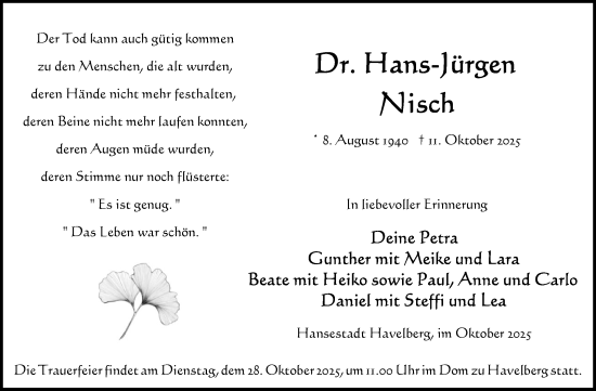 Traueranzeige von Hans-Jürgen Nisch von Volksstimme Altmark Ost