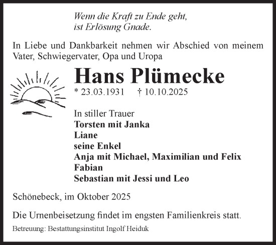 Traueranzeige von Hans Plümecke von Volksstimme Schönebeck