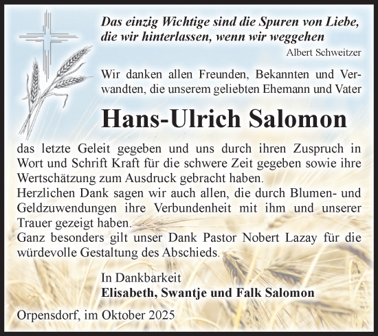 Traueranzeige von Hans-Ulrich Salomon von Volksstimme Altmark Ost
