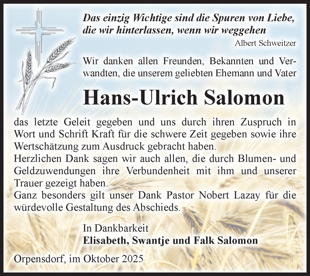  Traueranzeige für Hans-Ulrich Salomon vom 18.10.2025 aus Volksstimme Altmark Ost