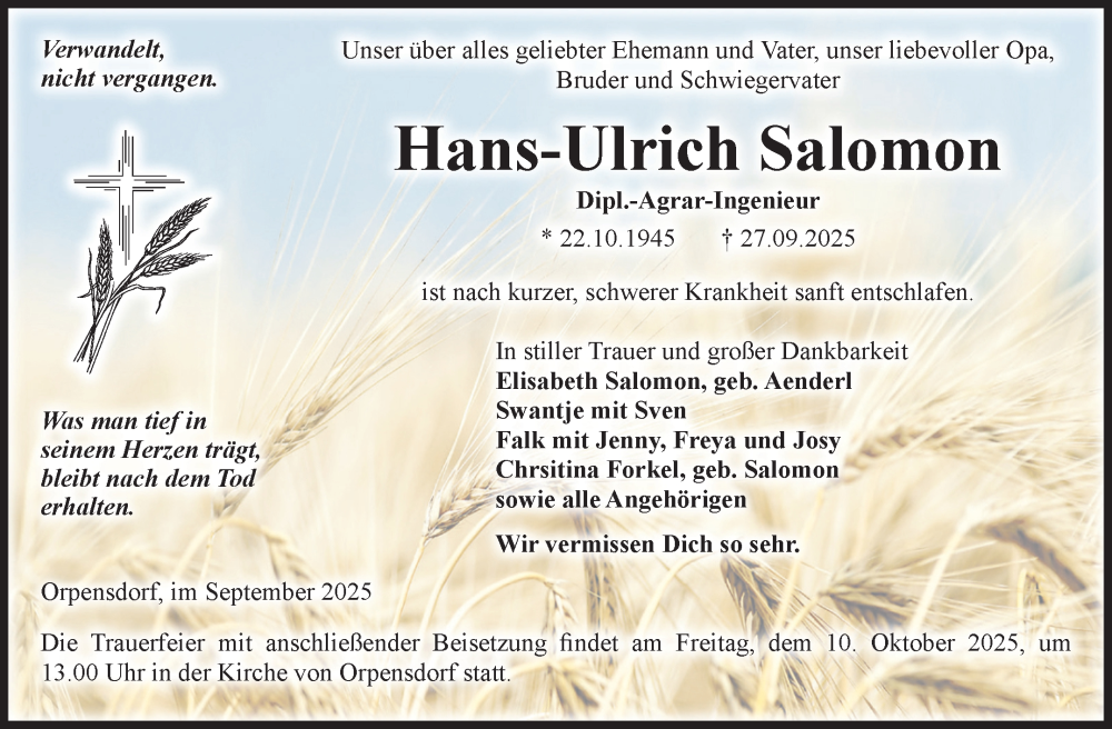  Traueranzeige für Hans-Ulrich Salomon vom 04.10.2025 aus Volksstimme Altmark Ost