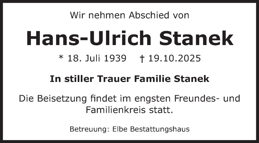  Traueranzeige für Hans-Ulrich Stanek vom 25.10.2025 aus Volksstimme Magdeburg