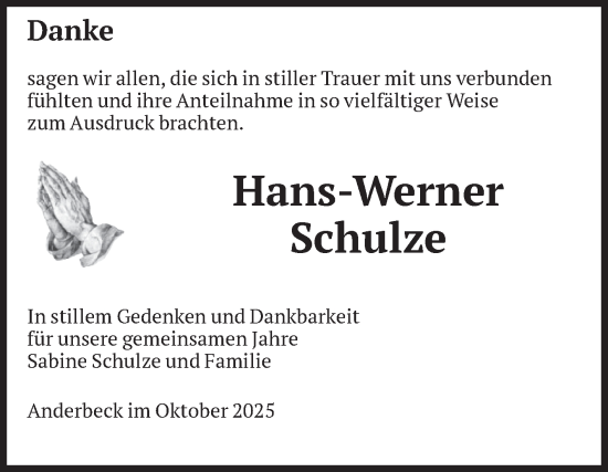 Traueranzeige von Hans-Werner Schulze von Volksstimme Halberstadt