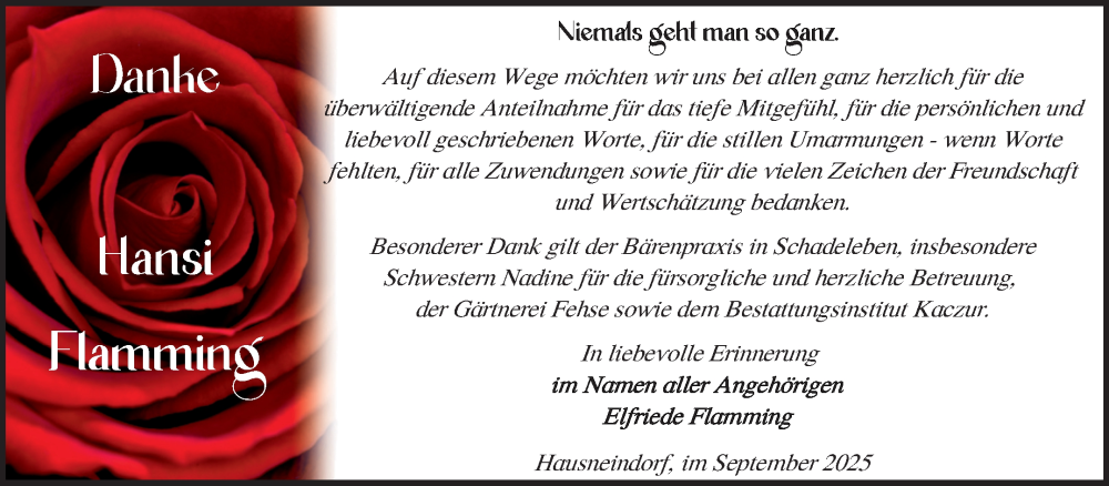  Traueranzeige für Hansi Flamming vom 11.10.2025 aus Trauerkombi Quedlinburg