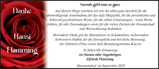 Traueranzeige von Hansi Flamming von Trauerkombi Quedlinburg