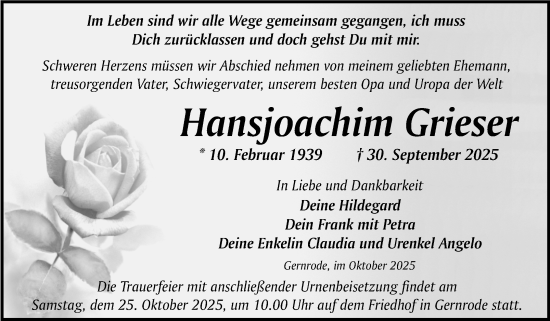 Traueranzeige von Hansjoachim Grieser von Super Sonntag Quedlingburg