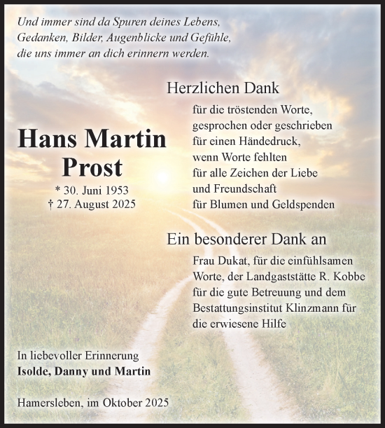 Traueranzeige von Hans Martin Prost von Volksstimme Oschersleben/Wanzleben