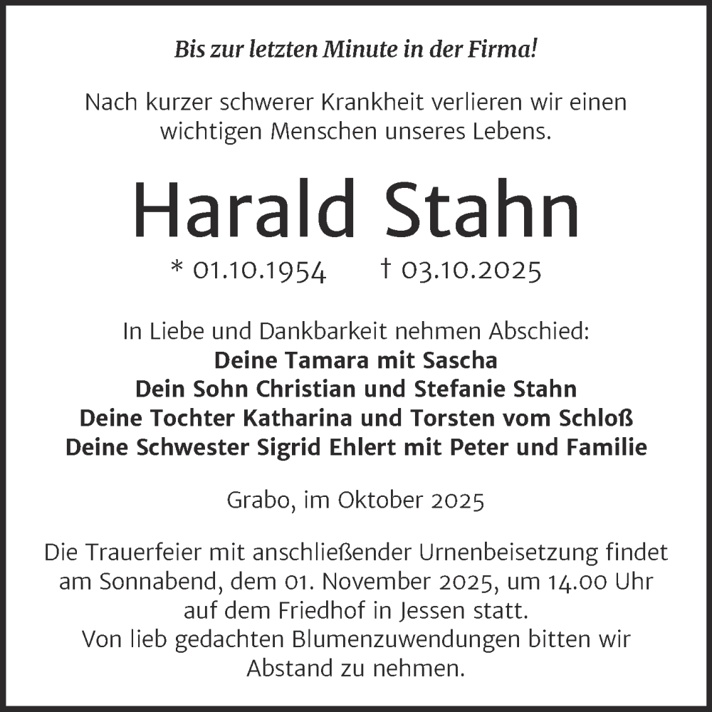  Traueranzeige für Harald Stahn vom 18.10.2025 aus Trauerkombi Wittenberg