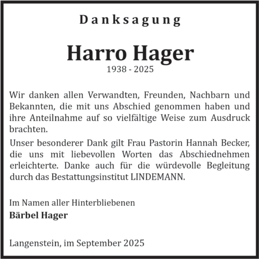  Traueranzeige für Harro Hager vom 04.10.2025 aus Volksstimme Halberstadt