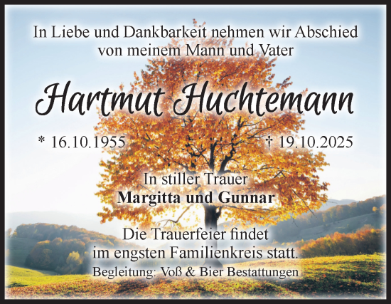 Traueranzeige von Hartmut Huchtemann von Volksstimme Wernigerode