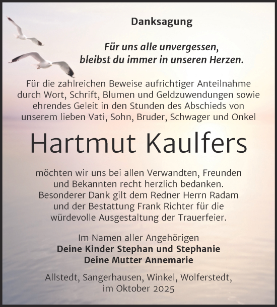 Traueranzeige von Hartmut Kaulfers von Trauerkombi Sangerhausen