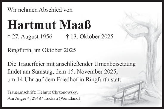 Traueranzeige von Hartmut Maaß von Volksstimme Altmark Ost