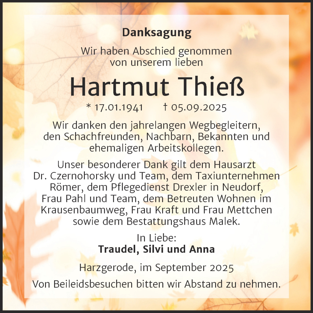  Traueranzeige für Hartmut Thieß vom 04.10.2025 aus Trauerkombi Quedlinburg
