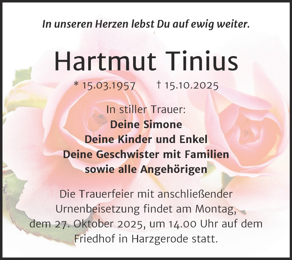  Traueranzeige für Hartmut Tinius vom 25.10.2025 aus Trauerkombi Quedlinburg