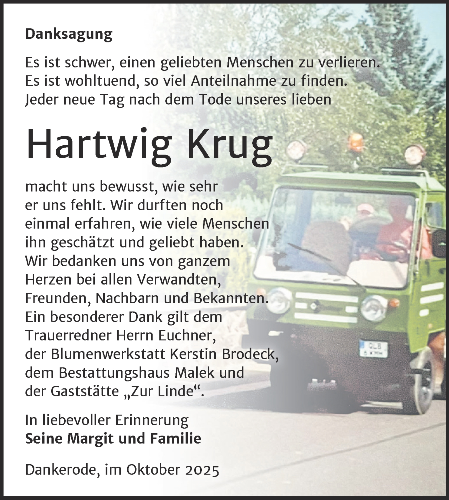  Traueranzeige für Hartwig Krug vom 18.10.2025 aus Trauerkombi Quedlinburg