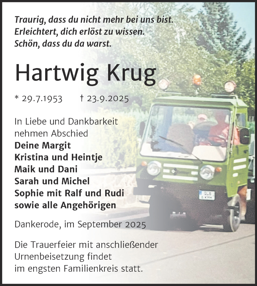  Traueranzeige für Hartwig Krug vom 04.10.2025 aus Trauerkombi Quedlinburg