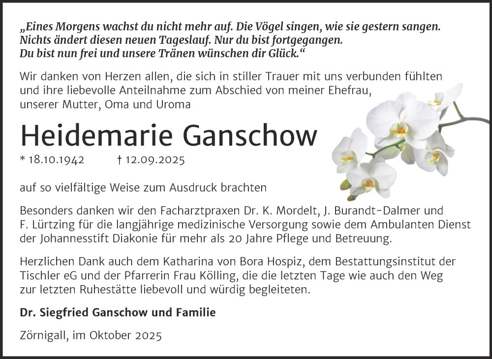  Traueranzeige für Heidemarie Ganschow vom 25.10.2025 aus Trauerkombi Wittenberg